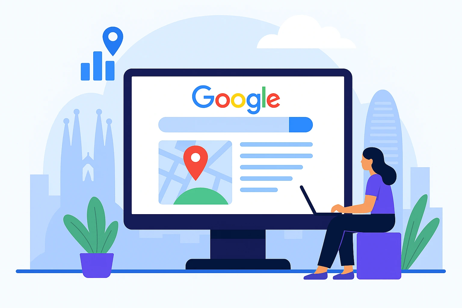 Ilustración de negocio local en Barcelona posicionándose en Google